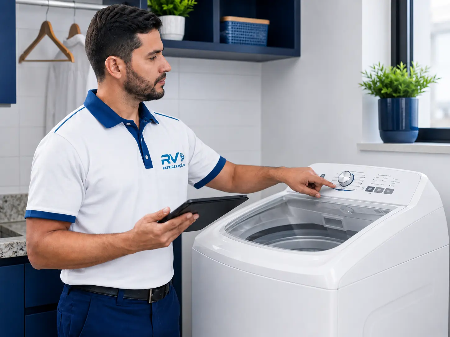 Técnico da RV Refrigeração avaliando lavadora de roupas em Gravataí e Cachoeirinha